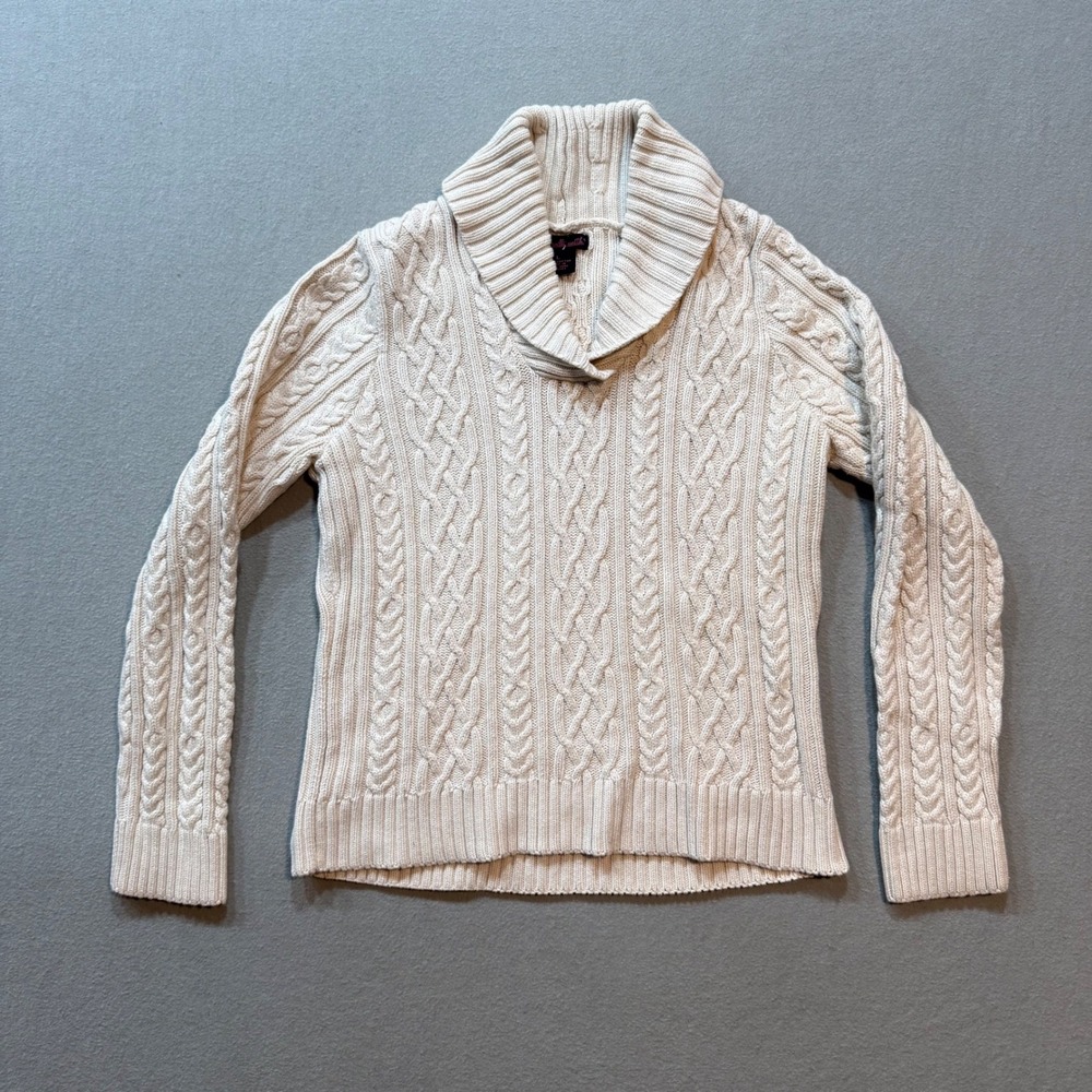 Willi Smith Shall Neck Chunky Cable Knit Cream Coastal Sweater Women Large - Picture 5 of 12